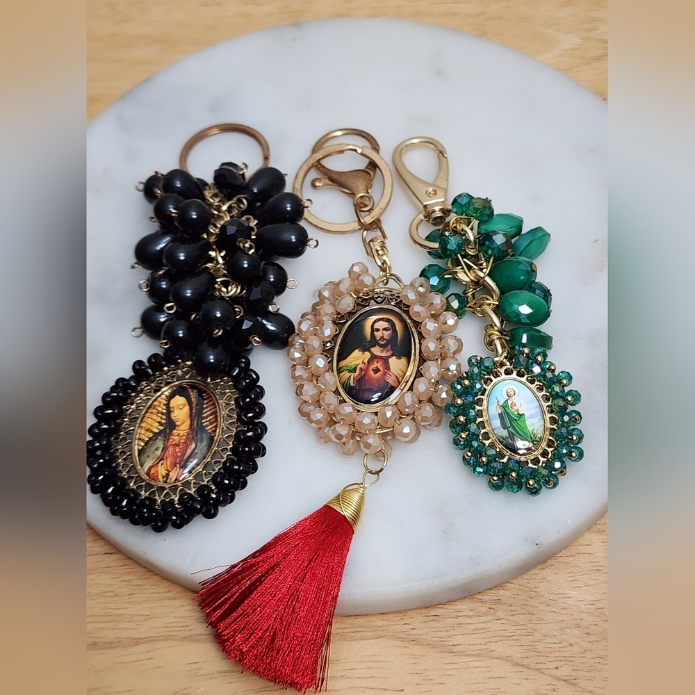 Religious Keychain Set with Black, Gold, and Green Accents